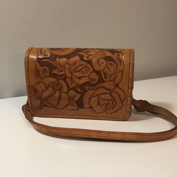 VTG Carved Tooled Leather Purse Bag Roses Horse Adjustable Strap Equestrian Boho - Picture 2 of 11
